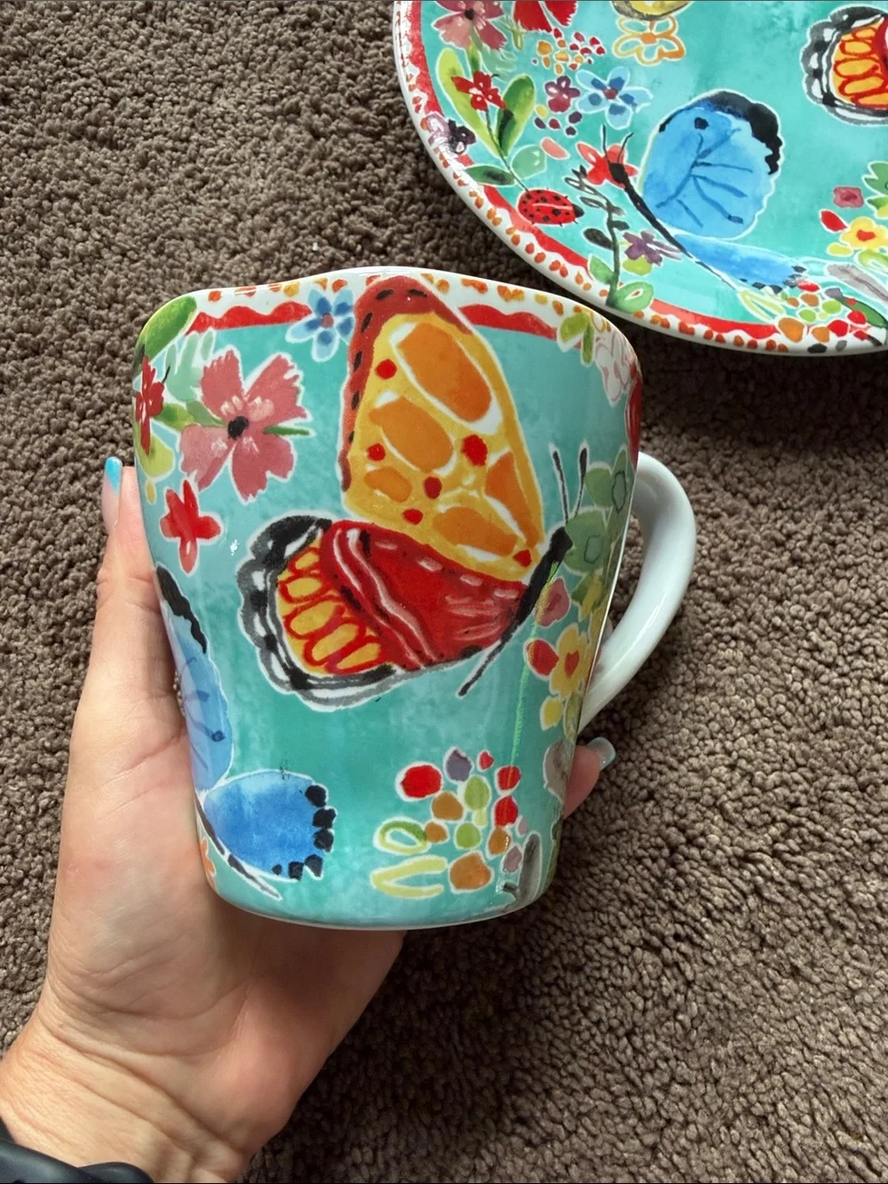 Pier 1 Floral & Butterfly Turquoise Red Yellow Accent Cup and Saucer